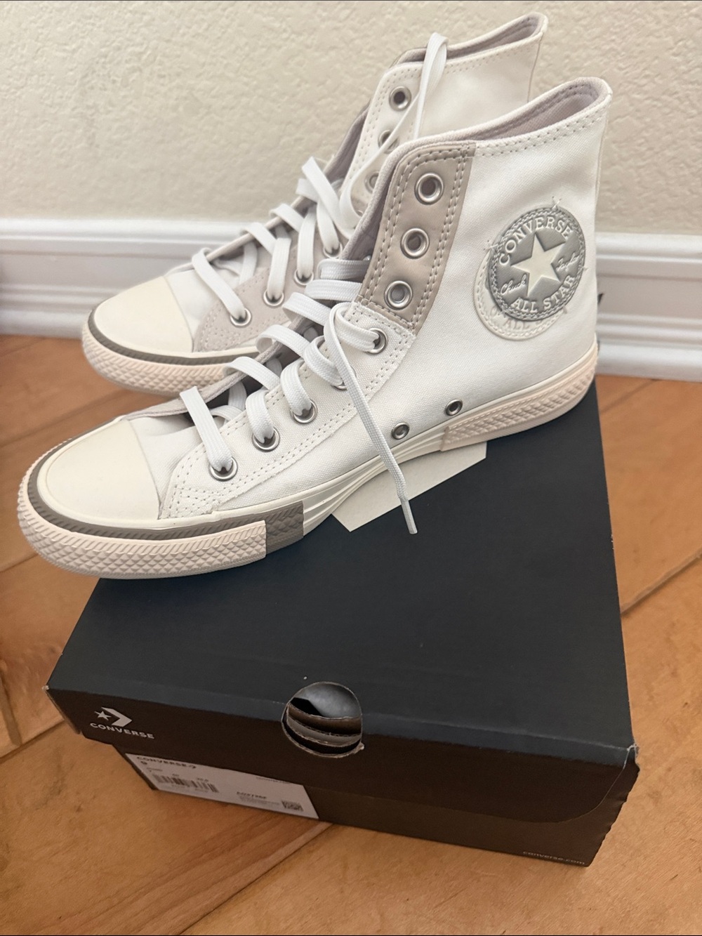 Custom Converse High Top Sneakers in White with Light Gray Accents Make an Offer